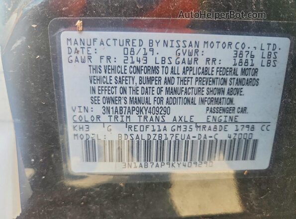 3N1AB7AP9KY409290 2019 NISSAN SENTRA Black Շարժիչի բաժամունքի տեսք