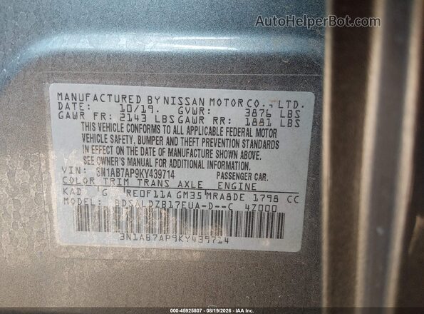 3N1AB7AP9KY439714 2019 NISSAN SENTRA Gray Вид підкапотного простору