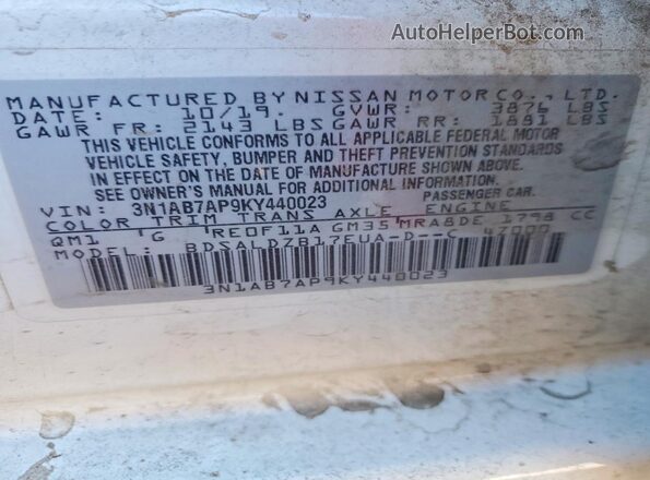 3N1AB7AP9KY440023 2019 NISSAN SENTRA White VIN կոդի պիտակի տեսք