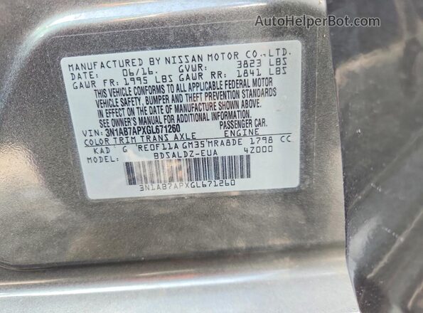 3N1AB7APXGL671260 2016 NISSAN SENTRA Silver VIN კოდის სტიკერის ხედი