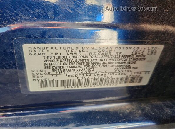 3N1AB7APXGY220073 2016 NISSAN SENTRA Blue ძრავის განყოფილების ხედი