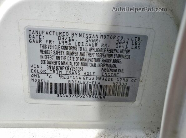 3N1AB7APXGY251064 2016 NISSAN SENTRA White Vista de la etiqueta del VIN