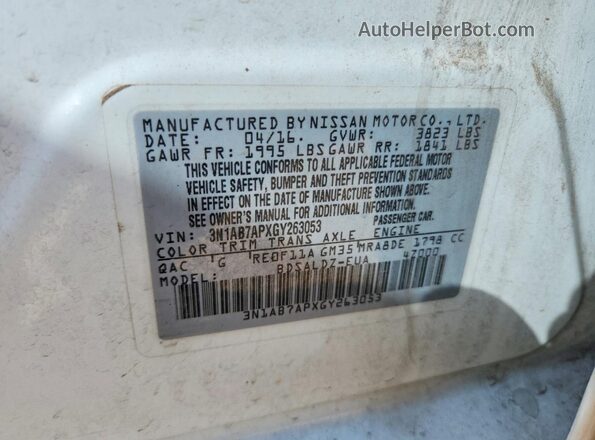 3N1AB7APXGY263053 2016 NISSAN SENTRA White Vista de la etiqueta del VIN