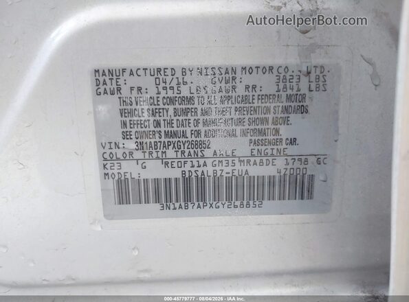 3N1AB7APXGY268852 2016 NISSAN SENTRA Silver Widok komory silnika