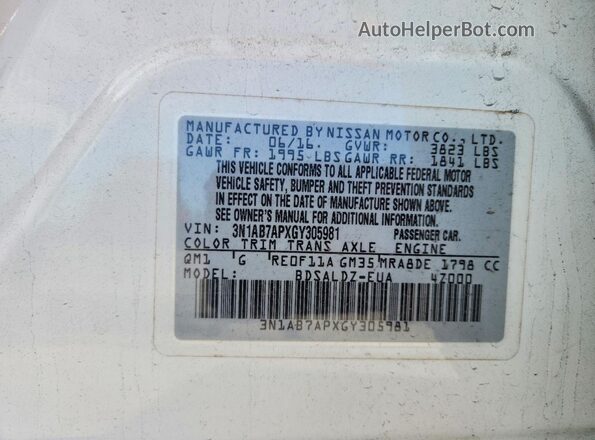 3N1AB7APXGY305981 2016 NISSAN SENTRA White Շարժիչի բաժամունքի տեսք
