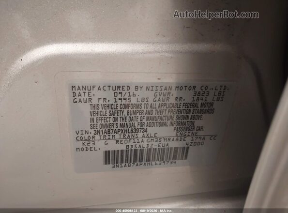3N1AB7APXHL639734 2017 NISSAN SENTRA Серебряный Вид подкапотного пространства