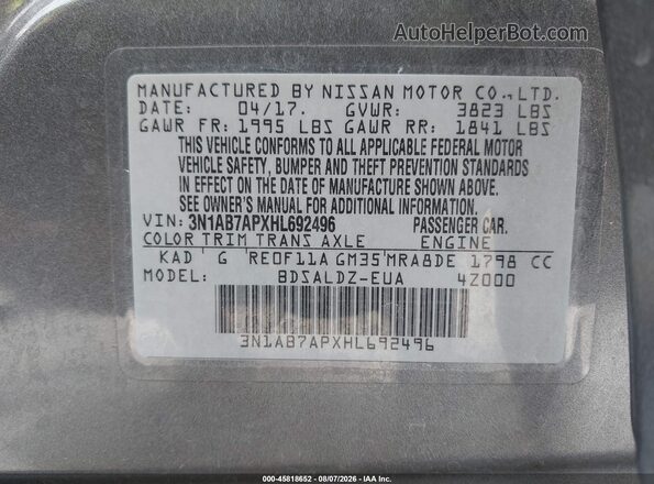 3N1AB7APXHL692496 2017 NISSAN SENTRA Gray Vista del compartimento del motor