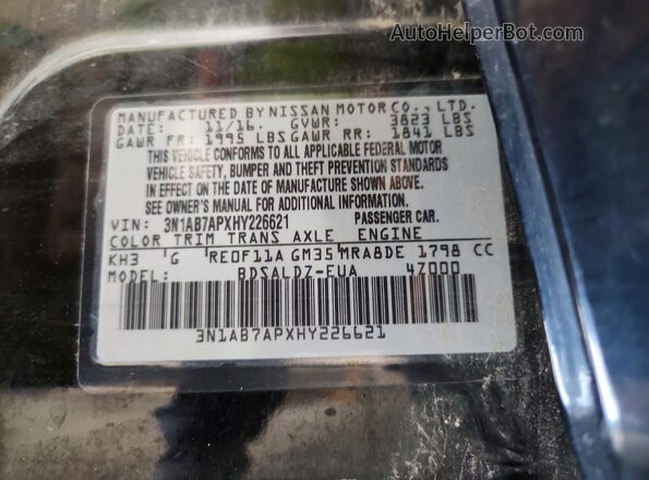 3N1AB7APXHY226621 2017 NISSAN SENTRA Black Widok naklejki z numerem VIN