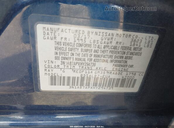 3N1AB7APXHY294739 2017 NISSAN SENTRA Blue Շարժիչի բաժամունքի տեսք