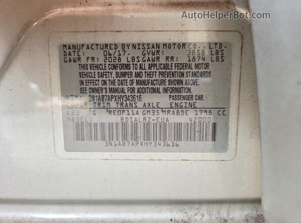 3N1AB7APXHY343616 2017 NISSAN SENTRA Silver Widok naklejki z numerem VIN