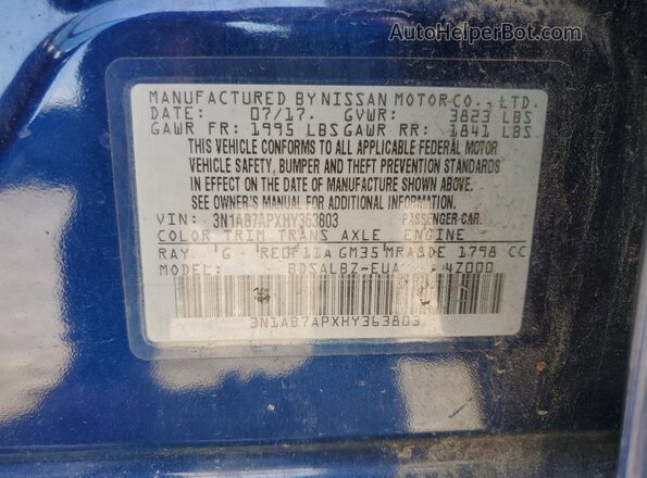 3N1AB7APXHY363803 2017 NISSAN SENTRA Синий Вид подкапотного пространства