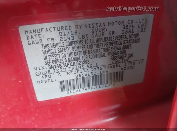 3N1AB7APXJL621398 2018 NISSAN SENTRA Red Engine compartment view