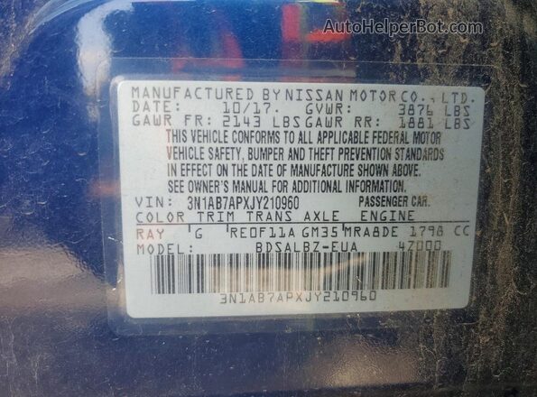 3N1AB7APXJY210960 2018 NISSAN SENTRA Blue Vista del compartimento del motor