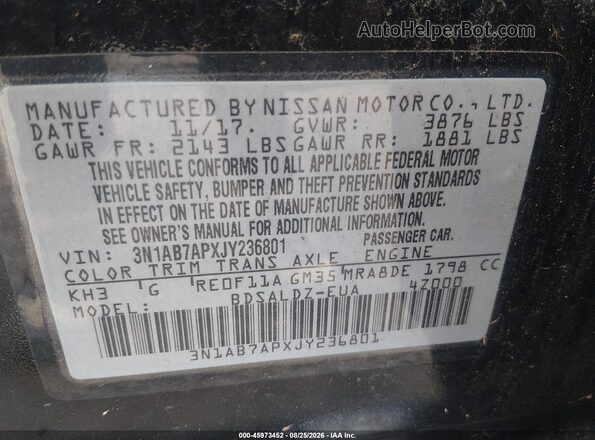 3N1AB7APXJY236801 2018 NISSAN SENTRA Black Вид підкапотного простору