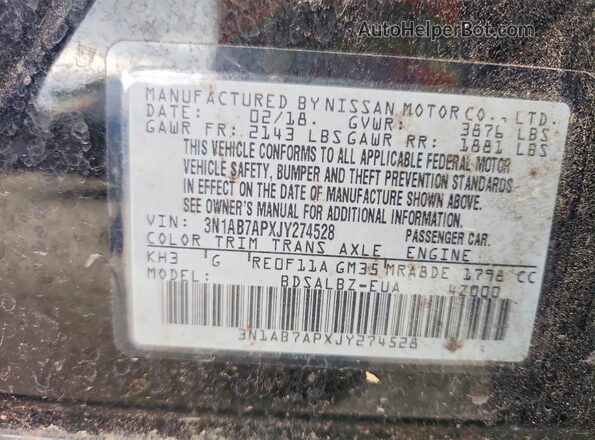 3N1AB7APXJY274528 2018 NISSAN SENTRA Black Вид наклейки з VIN-кодом