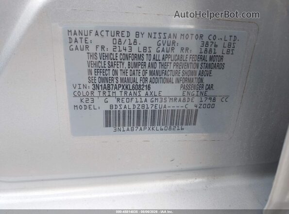 3N1AB7APXKL608216 2019 NISSAN SENTRA Silver Widok komory silnika