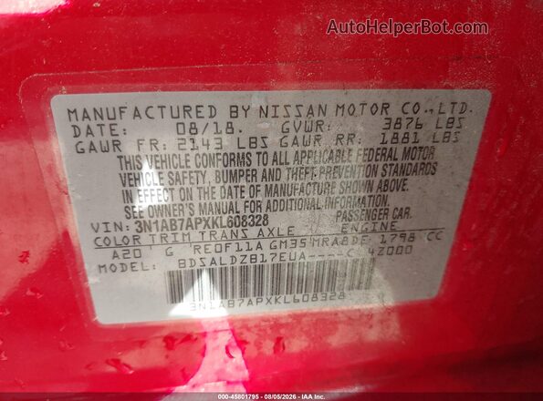 3N1AB7APXKL608328 2019 NISSAN SENTRA Red Vista del compartimento del motor