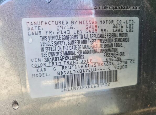 3N1AB7APXKL609902 2019 NISSAN SENTRA Gray VIN sticker view