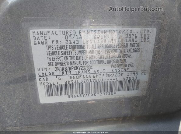 3N1AB7APXKY237304 2019 NISSAN SENTRA Gray ძრავის განყოფილების ხედი