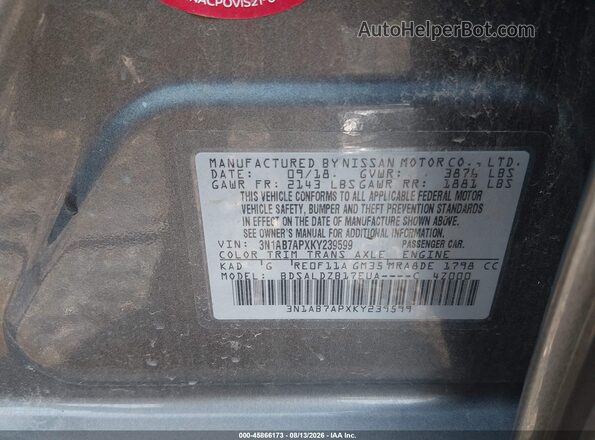 3N1AB7APXKY239599 2019 NISSAN SENTRA Gray Vista del compartimento del motor