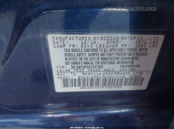 3N1AB7APXKY247685 2019 NISSAN SENTRA Blue Vista del compartimento del motor
