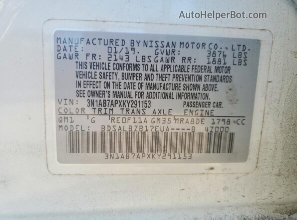 3N1AB7APXKY291153 2019 NISSAN SENTRA Белый Вид наклейки с VIN-кодом