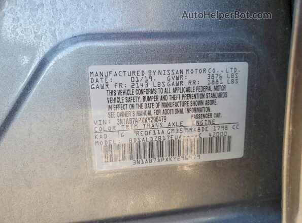 3N1AB7APXKY296479 2019 NISSAN SENTRA Gray Շարժիչի բաժամունքի տեսք
