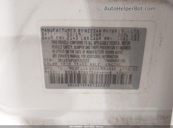 3N1AB7APXKY352372 2019 NISSAN SENTRA White Engine compartment view