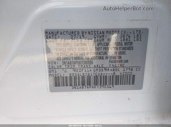 3N1AB7APXKY390569 2019 NISSAN SENTRA White Вид підкапотного простору
