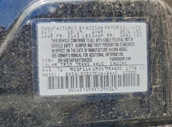 3N1AB7APXKY394069 2019 NISSAN SENTRA Black VIN կոդի պիտակի տեսք