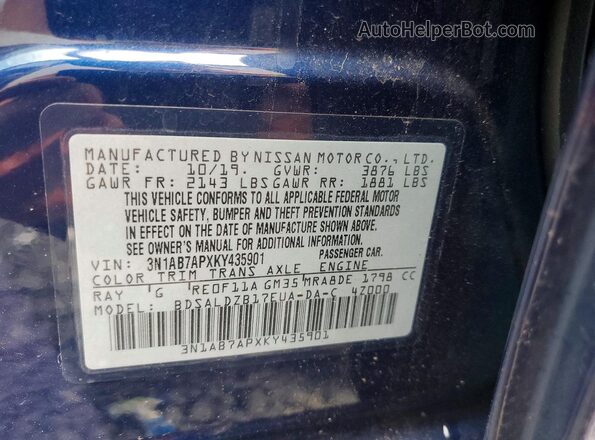 3N1AB7APXKY435901 2019 NISSAN SENTRA Blue Widok komory silnika