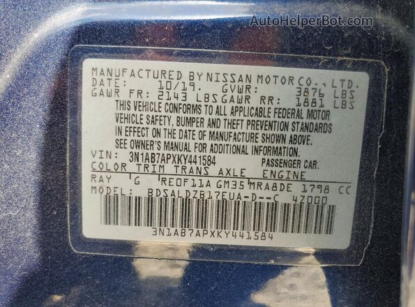 3N1AB7APXKY441584 2019 NISSAN SENTRA Blue Engine compartment view
