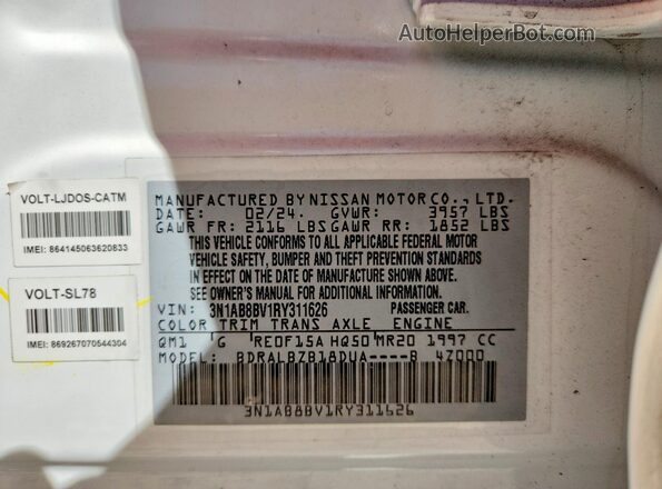 3N1AB8BV1RY311626 2024 NISSAN SENTRA White Widok komory silnika