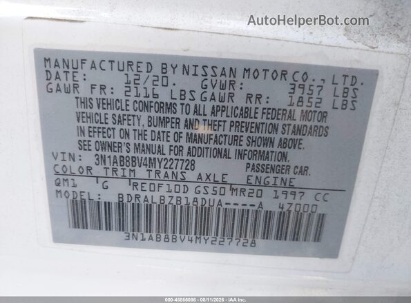 3N1AB8BV4MY227728 2021 NISSAN SENTRA White Вид підкапотного простору