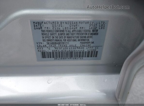 3N1AB8BV4MY281711 2021 NISSAN SENTRA Silver Vista del compartimento del motor