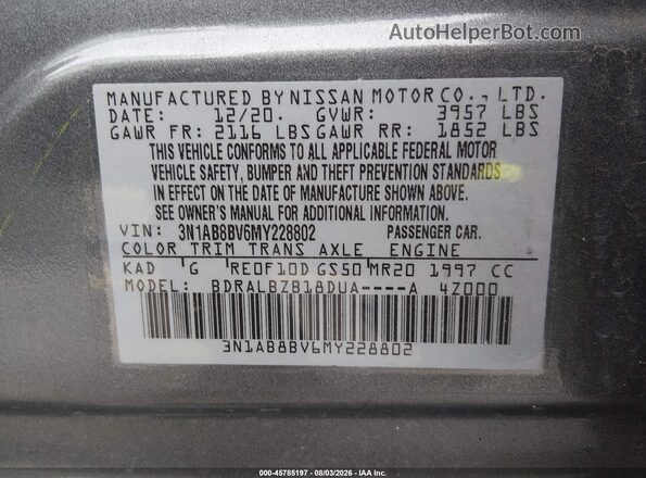 3N1AB8BV6MY228802 2021 NISSAN SENTRA Gray Widok komory silnika