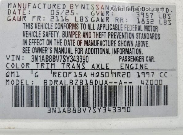 3N1AB8BV7SY343390 2025 NISSAN SENTRA White VIN sticker view