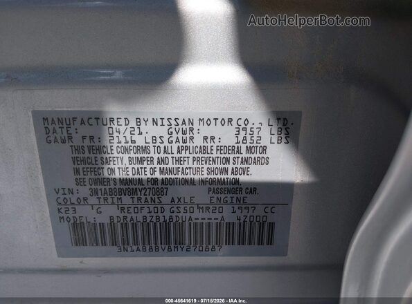 3N1AB8BV8MY270887 2021 NISSAN SENTRA Silver Widok komory silnika