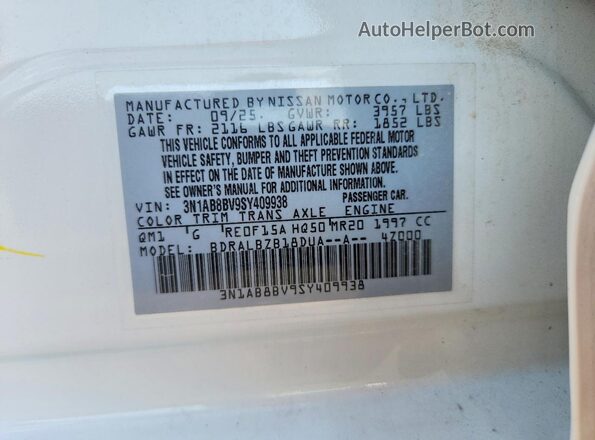 3N1AB8BV9SY409938 2025 NISSAN SENTRA White 