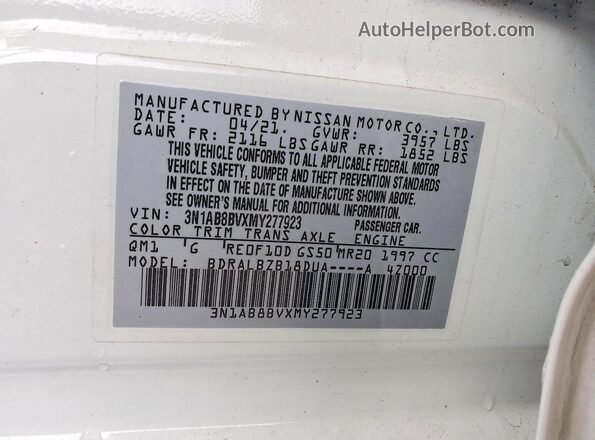 3N1AB8BVXMY277923 2021 NISSAN SENTRA White ძრავის განყოფილების ხედი