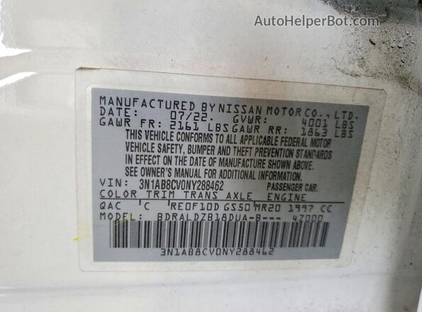 3N1AB8CV0NY288462 2022 NISSAN SENTRA White Вид підкапотного простору