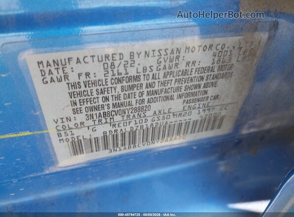 3N1AB8CV0NY288820 2022 NISSAN SENTRA Blue Engine compartment view