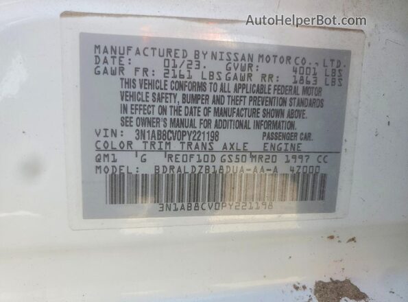 3N1AB8CV0PY221198 2023 NISSAN SENTRA White Widok naklejki z numerem VIN