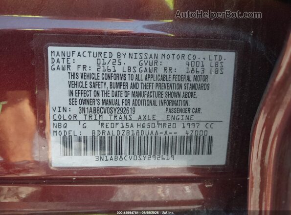 3N1AB8CV0SY292619 2025 NISSAN SENTRA Red Vista del compartimento del motor