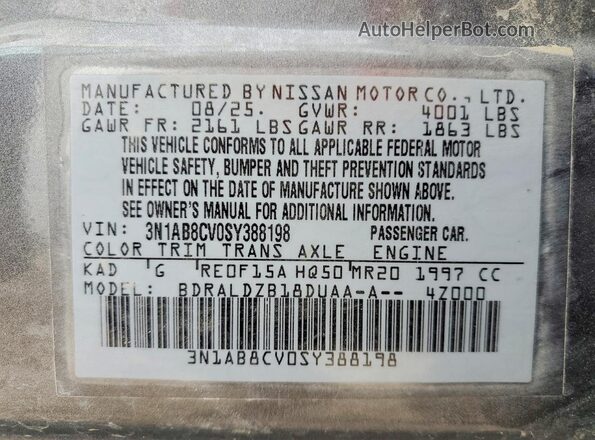 3N1AB8CV0SY388198 2025 NISSAN SENTRA Gray VIN sticker view