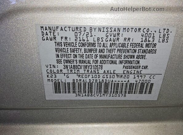 3N1AB8CV1MY310578 2021 NISSAN SENTRA Silver 