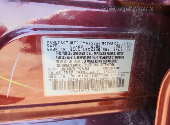 3N1AB8CV1PY224384 2023 NISSAN SENTRA Burgundy Widok naklejki z numerem VIN