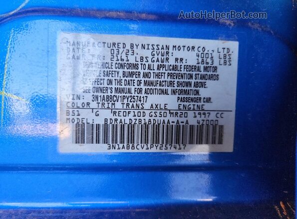 3N1AB8CV1PY257417 2023 NISSAN SENTRA Blue Vista de la etiqueta del VIN