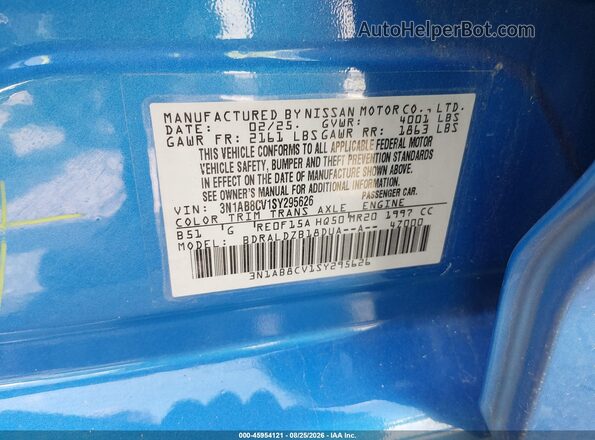 3N1AB8CV1SY295626 2025 NISSAN SENTRA Blue ძრავის განყოფილების ხედი