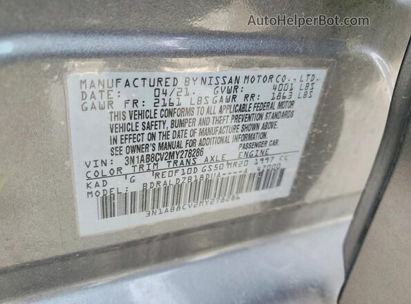 3N1AB8CV2MY278286 2021 NISSAN SENTRA Gray Widok naklejki z numerem VIN